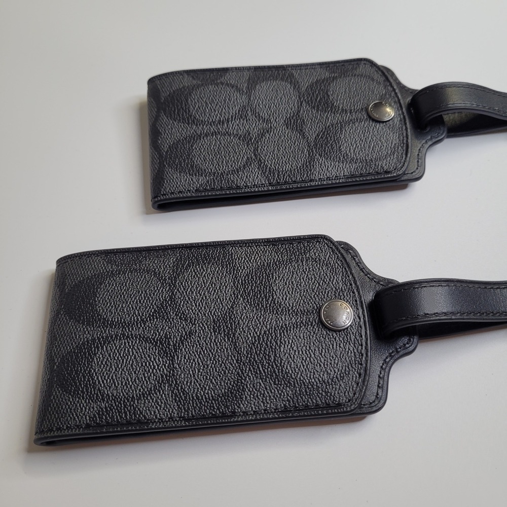 Coach Signature Canvas Luggage Tags Set of 2 Charcoal Black Leather Travel ID - Picture 8 of 9